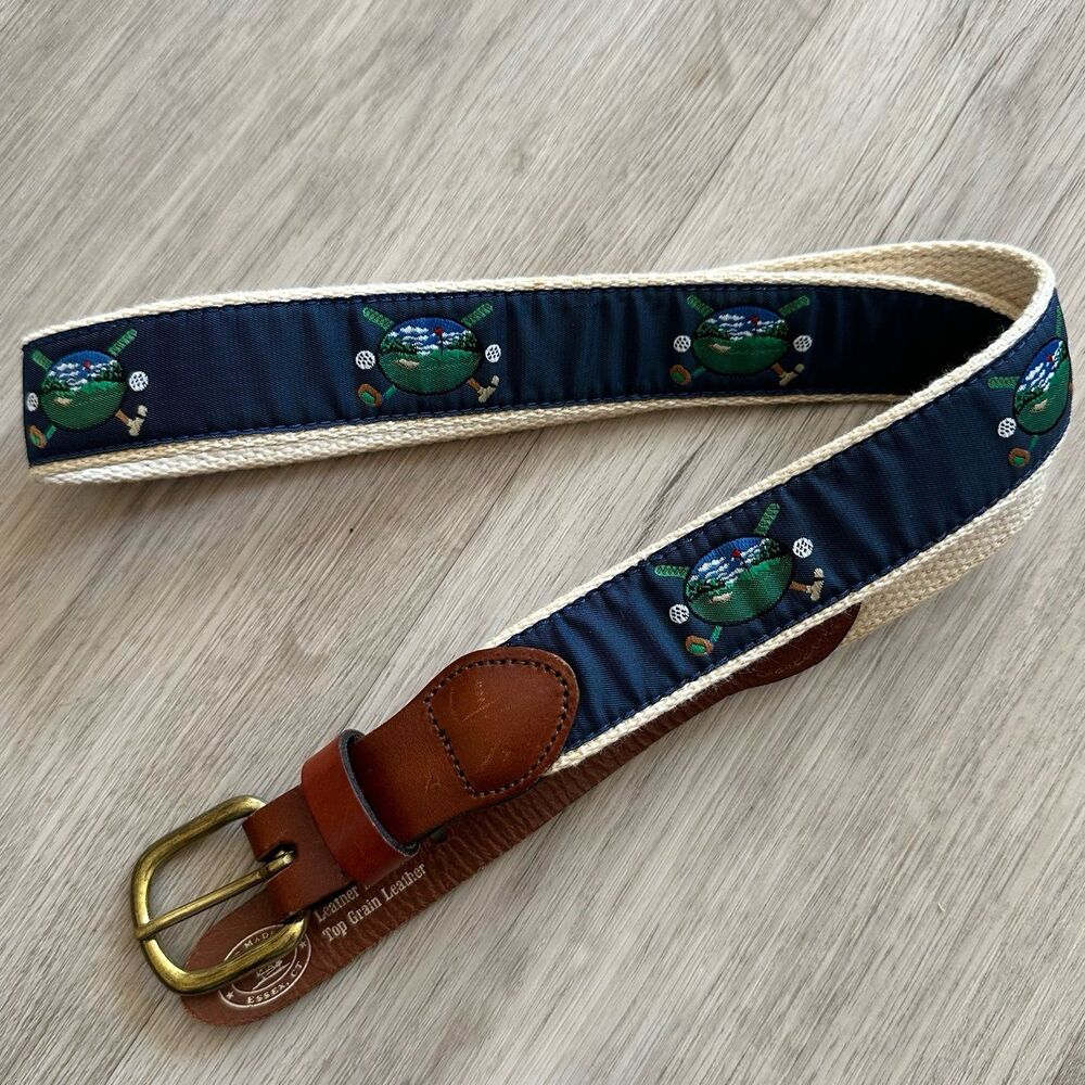Golf Motif Embroidered Ribbon Belt Leather Accents Solid Brass Buckle Size 36